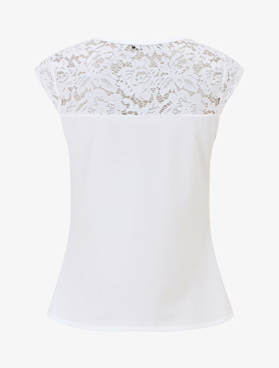 Top uni coupe droite épaules en dentelle - Blanc - 2