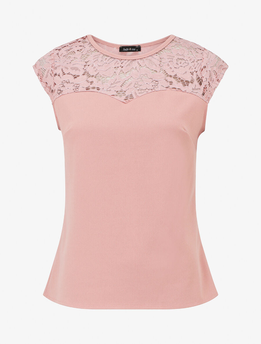 Top uni coupe droite épaules en dentelle - Rose poudré - 1