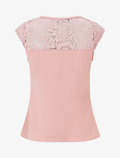 Top uni coupe droite épaules en dentelle - Rose poudré - 2
