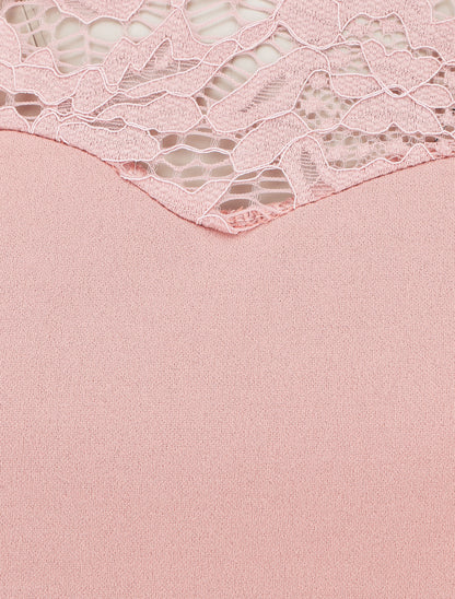 Top uni coupe droite épaules en dentelle - Rose poudré - 3
