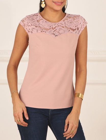 Top uni coupe droite épaules en dentelle - Rose poudré - 4