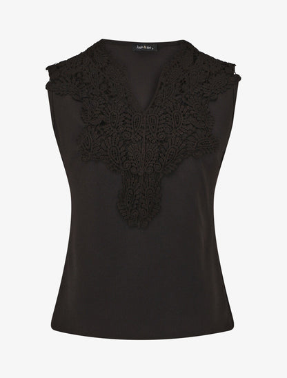 Top uni sans manches col en crochet - Noir - 3