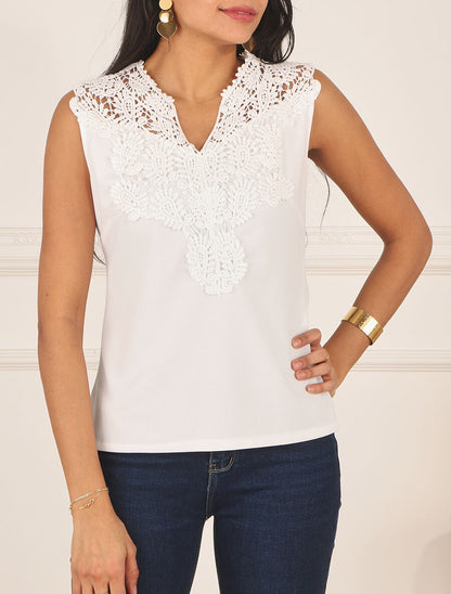 Top uni sans manches col en crochet - Blanc - 4