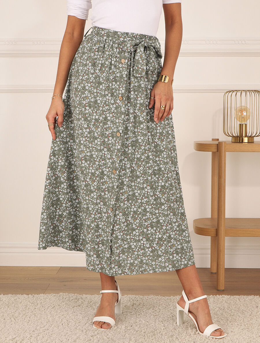 Jupe longue imprimé fleuri - Kaki - 4