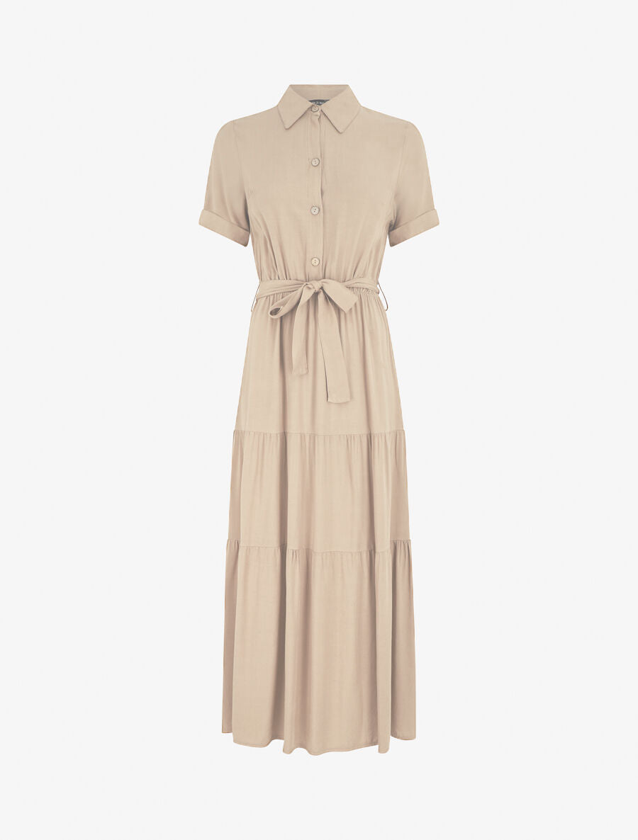 Robe longue unie style chemise - Beige - 1