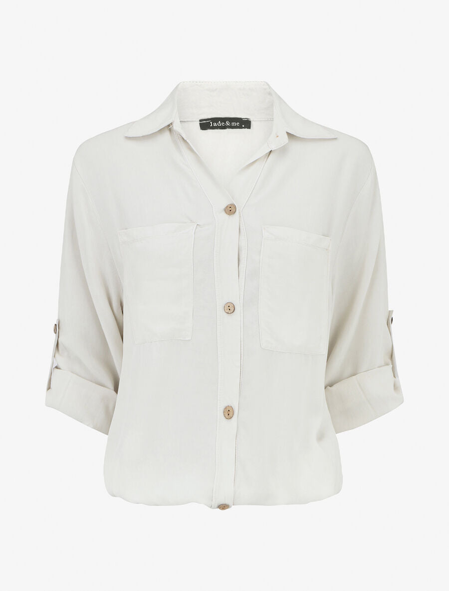 Chemise élastiquée unie manches longues - Beige - 1