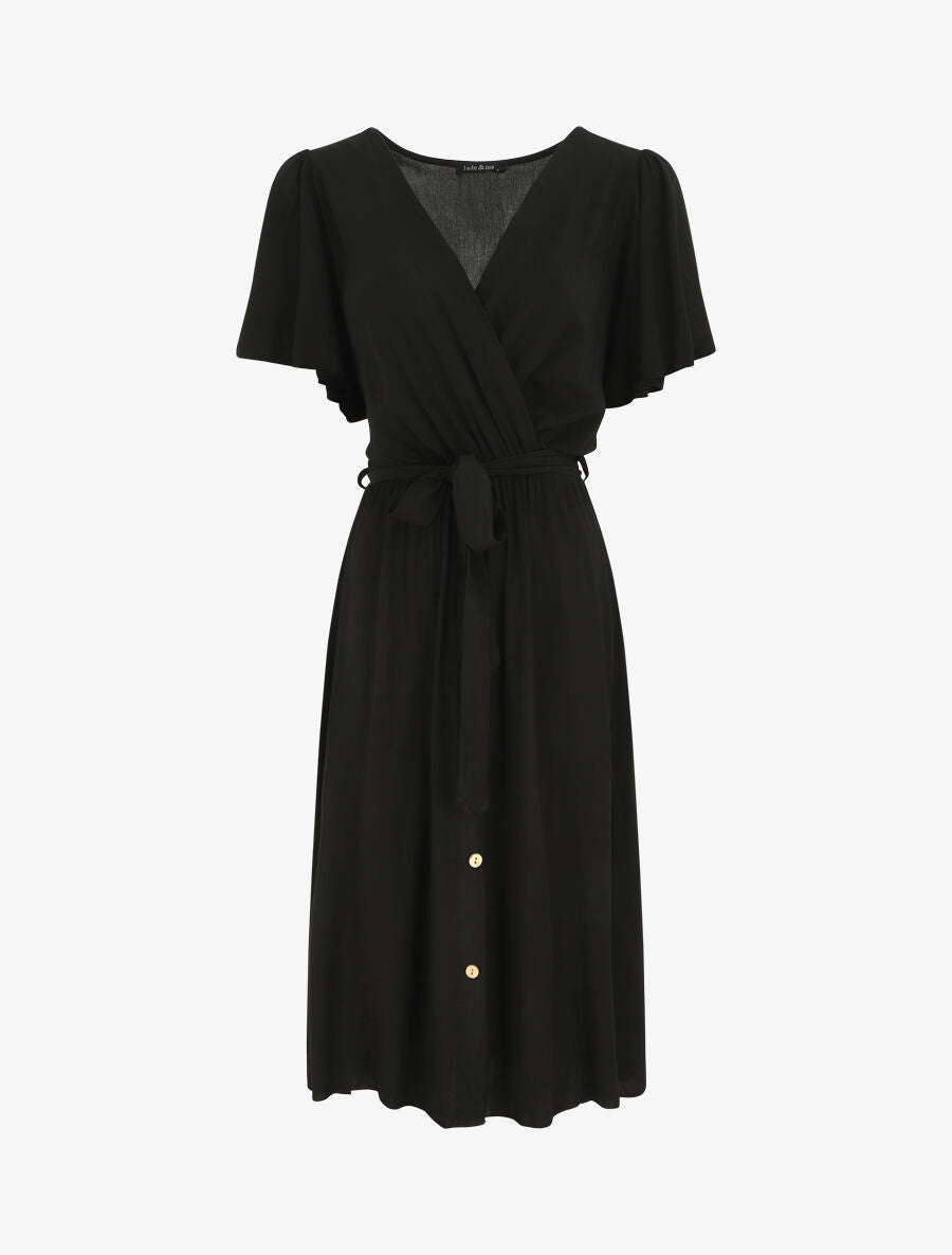 Robe mi-longue boutonnée à manches courtes - Noir - 1