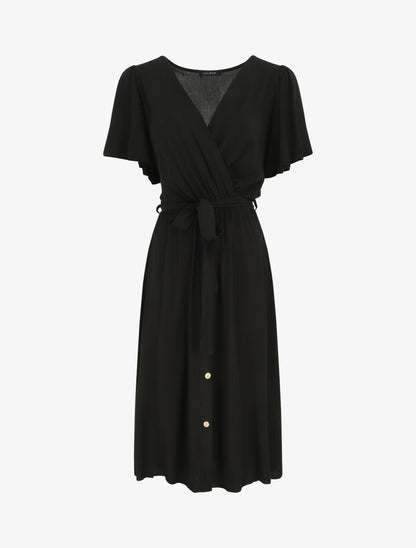 Robe mi-longue boutonnée à manches courtes - Noir - 1