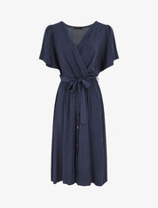Robe mi-longue boutonnée à manches courtes - Marine - 5