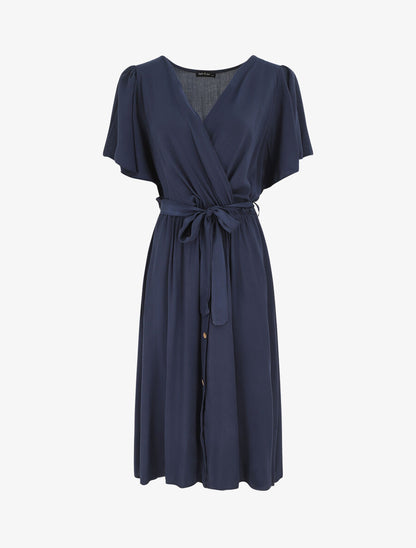 Robe mi-longue boutonnée à manches courtes - Marine - 5
