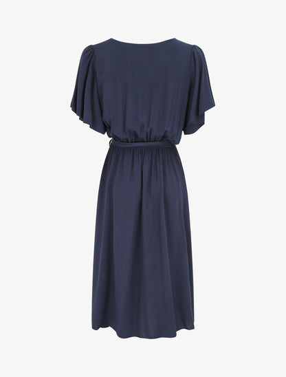 Robe mi-longue boutonnée à manches courtes - Marine - 2