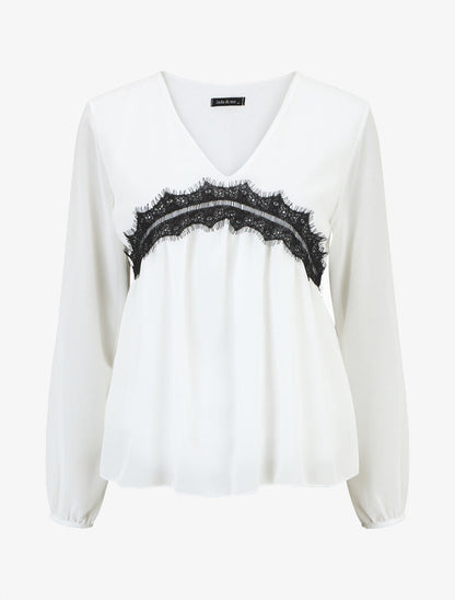 Blouse en voile et dentelle - Blanc - 5