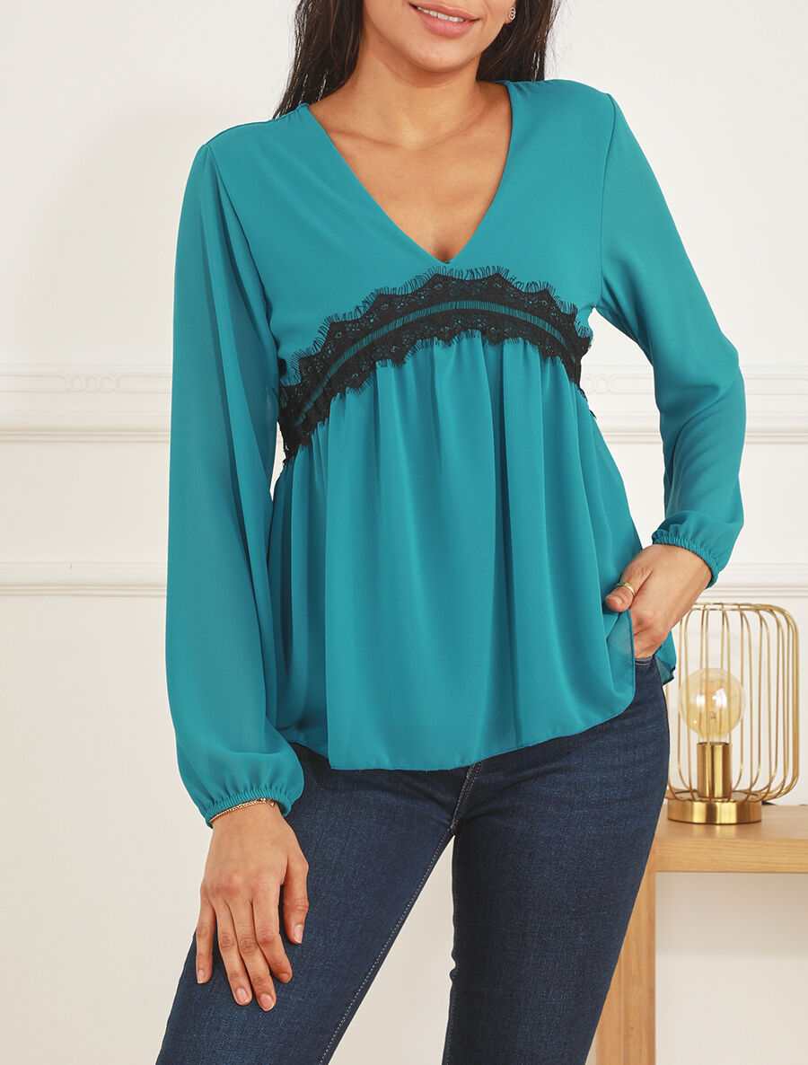 Blouse en voile et dentelle - Turquoise - 4