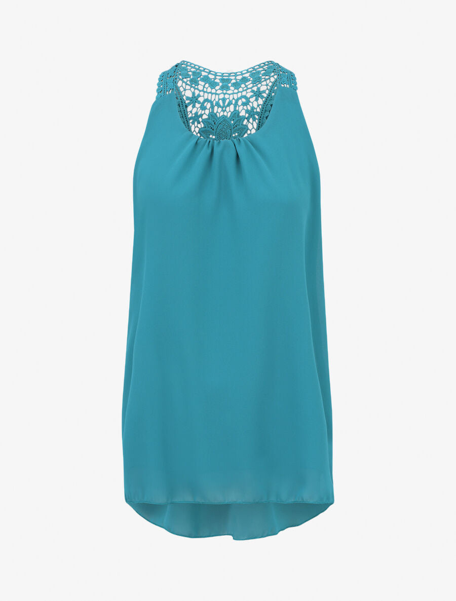 Top en voile sans manches dos en crochet - Turquoise - 4