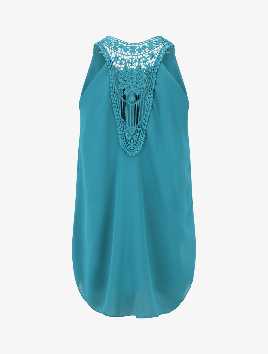 Top en voile sans manches dos en crochet - Turquoise - 2