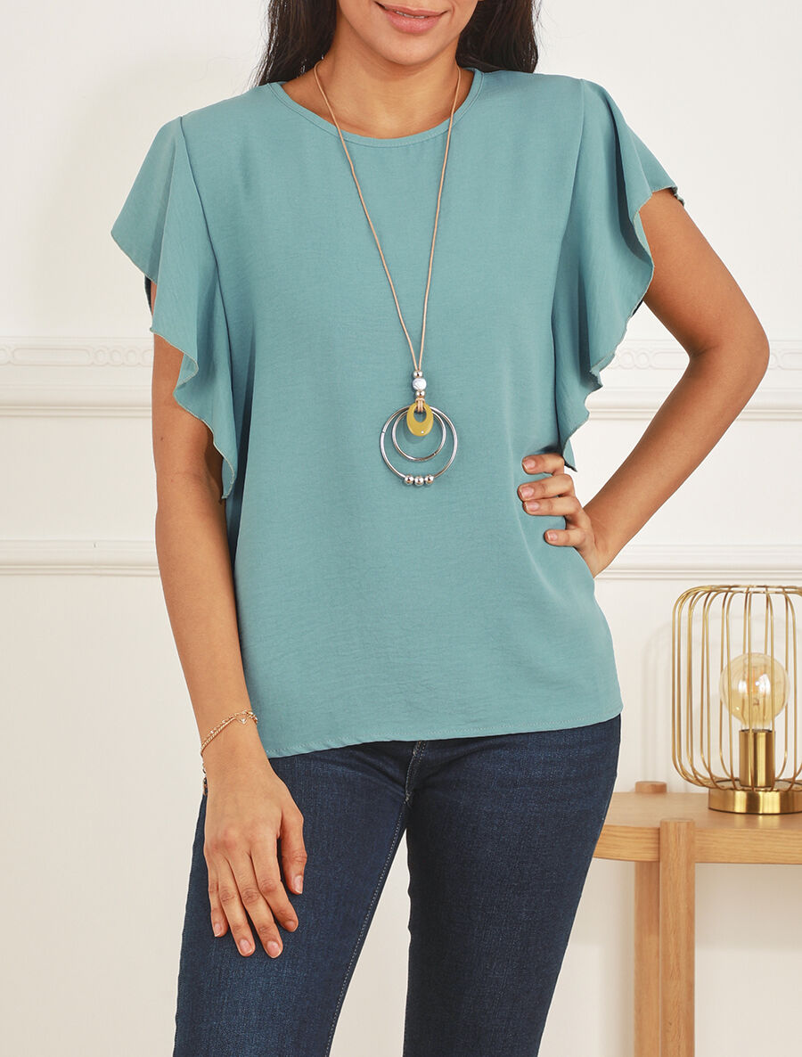 Top uni à manches volantées - Turquoise - 4