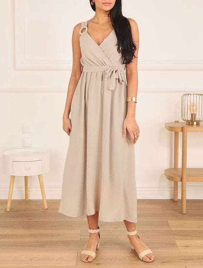 Robe longue élastiquée à bretelles avec anneaux - Beige - 4