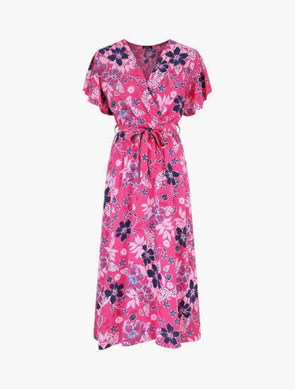 Robe longue fleurie col cache-coeur - Fuschia - 1