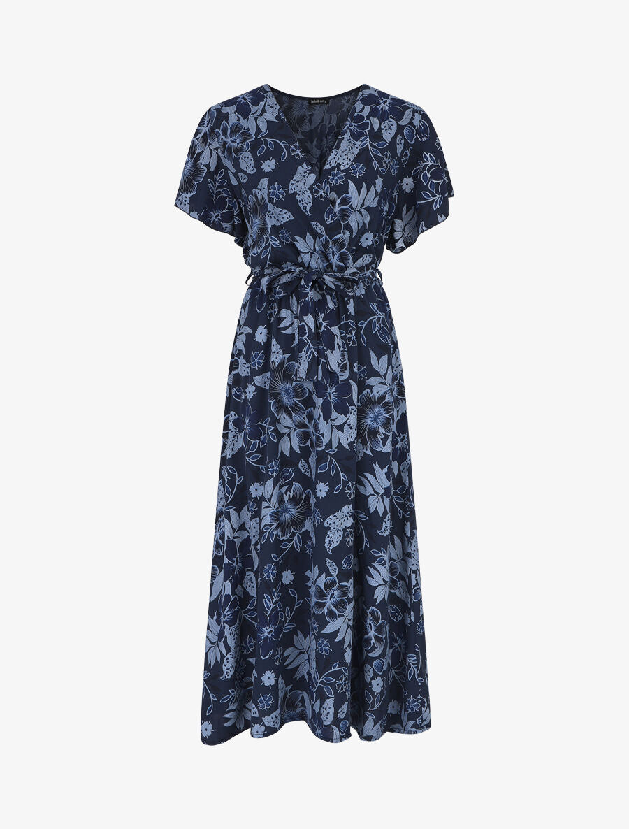 Robe longue fleurie col cache-coeur - Marine - 5