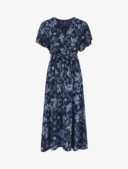 Robe longue fleurie col cache-coeur - Marine - 5