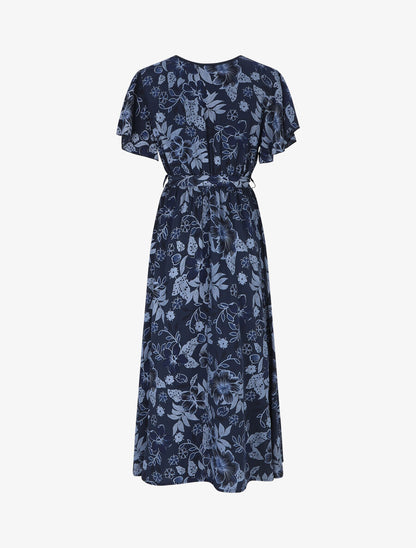 Robe longue fleurie col cache-coeur - Marine - 2