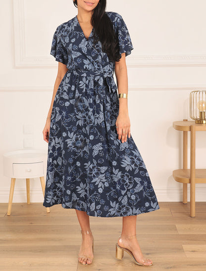 Robe longue fleurie col cache-coeur - Marine - 4