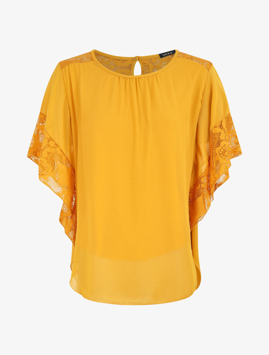 Top uni en voile et dentelle - Jaune moutarde - 1