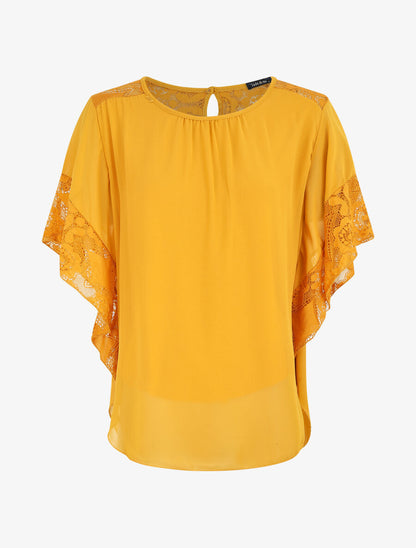 Top uni en voile et dentelle - Jaune moutarde - 1