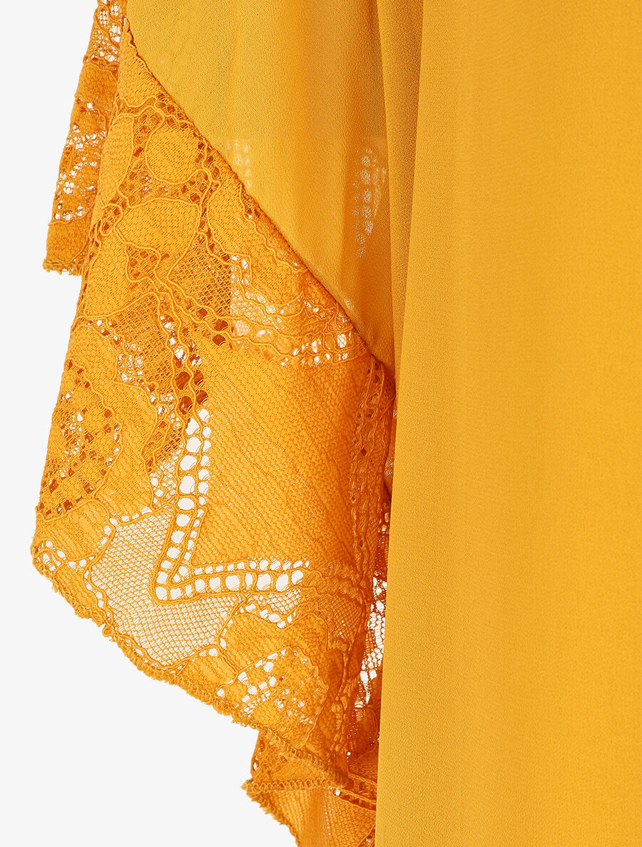 Top uni en voile et dentelle - Jaune moutarde - 3