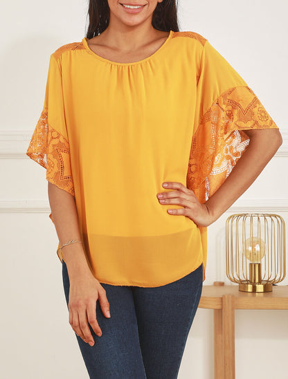 Top uni en voile et dentelle - Jaune moutarde - 4