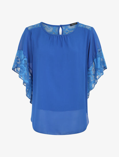 Top uni en voile et dentelle - Bleu roi - 1