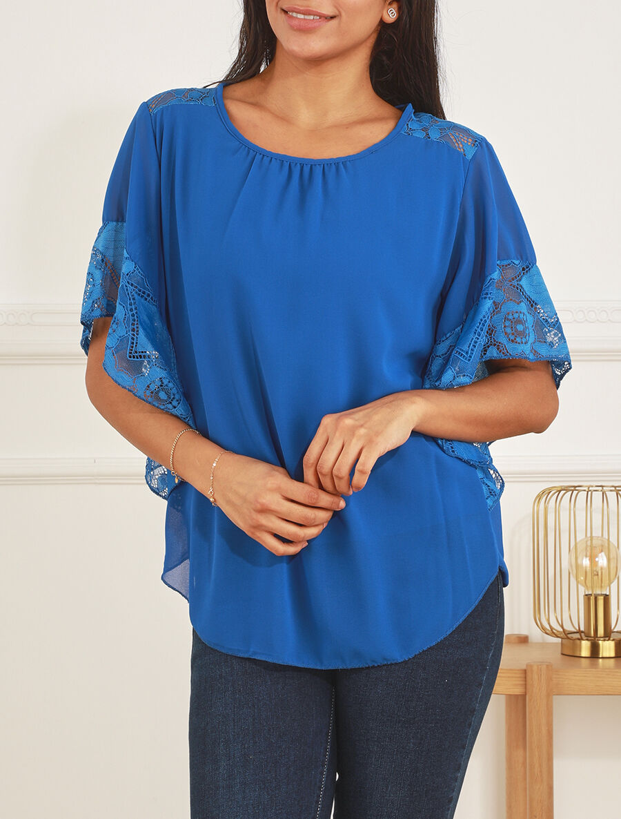 Top uni en voile et dentelle - Bleu roi - 4