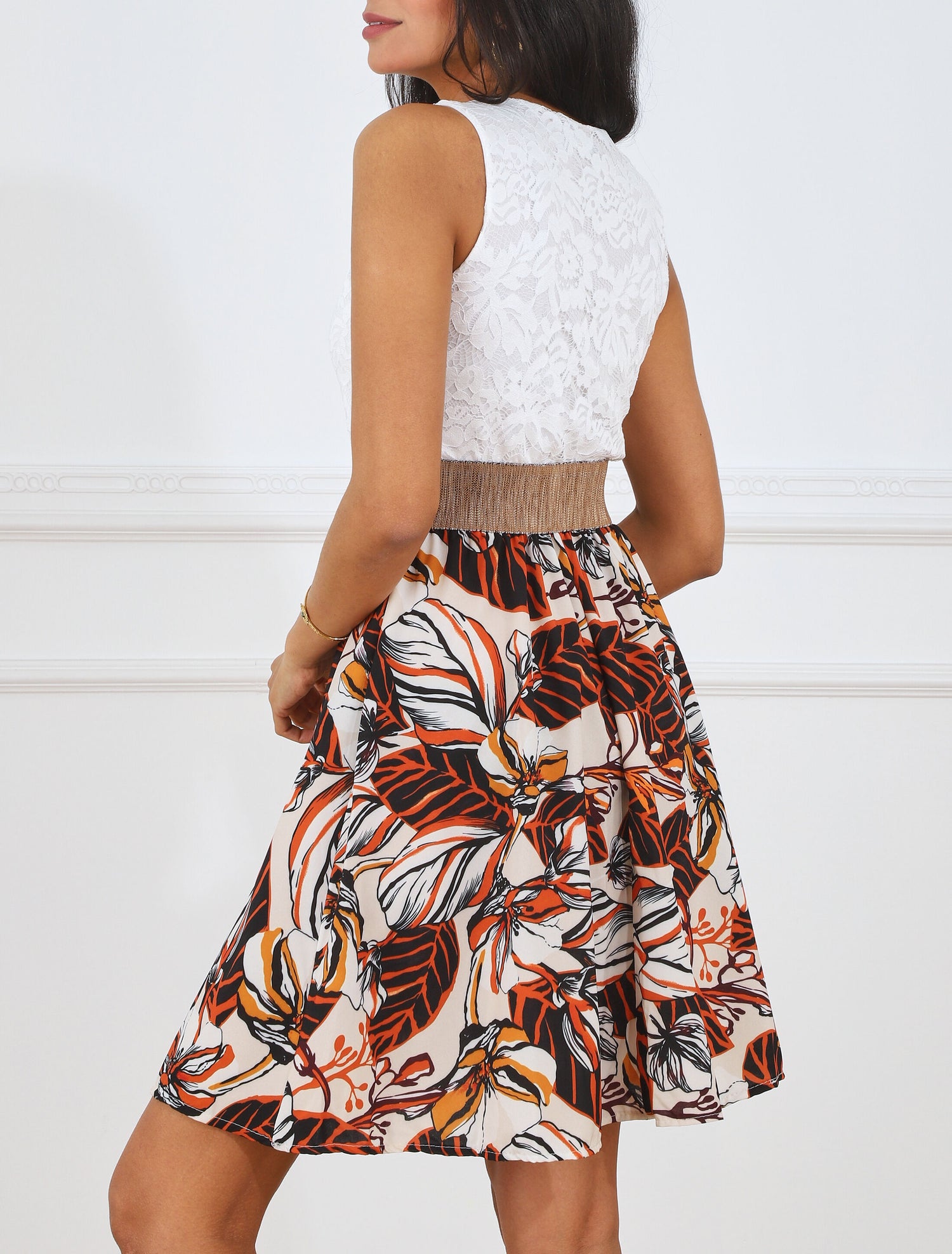 Robe imprimé fleuri à bustier en dentelle - Beige - 5