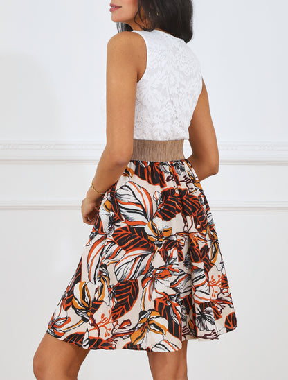 Robe imprimé fleuri à bustier en dentelle - Beige - 5