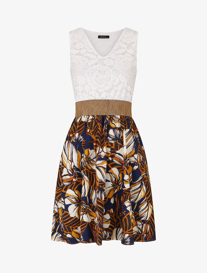 Robe imprimé fleuri à bustier en dentelle - Marine - 5