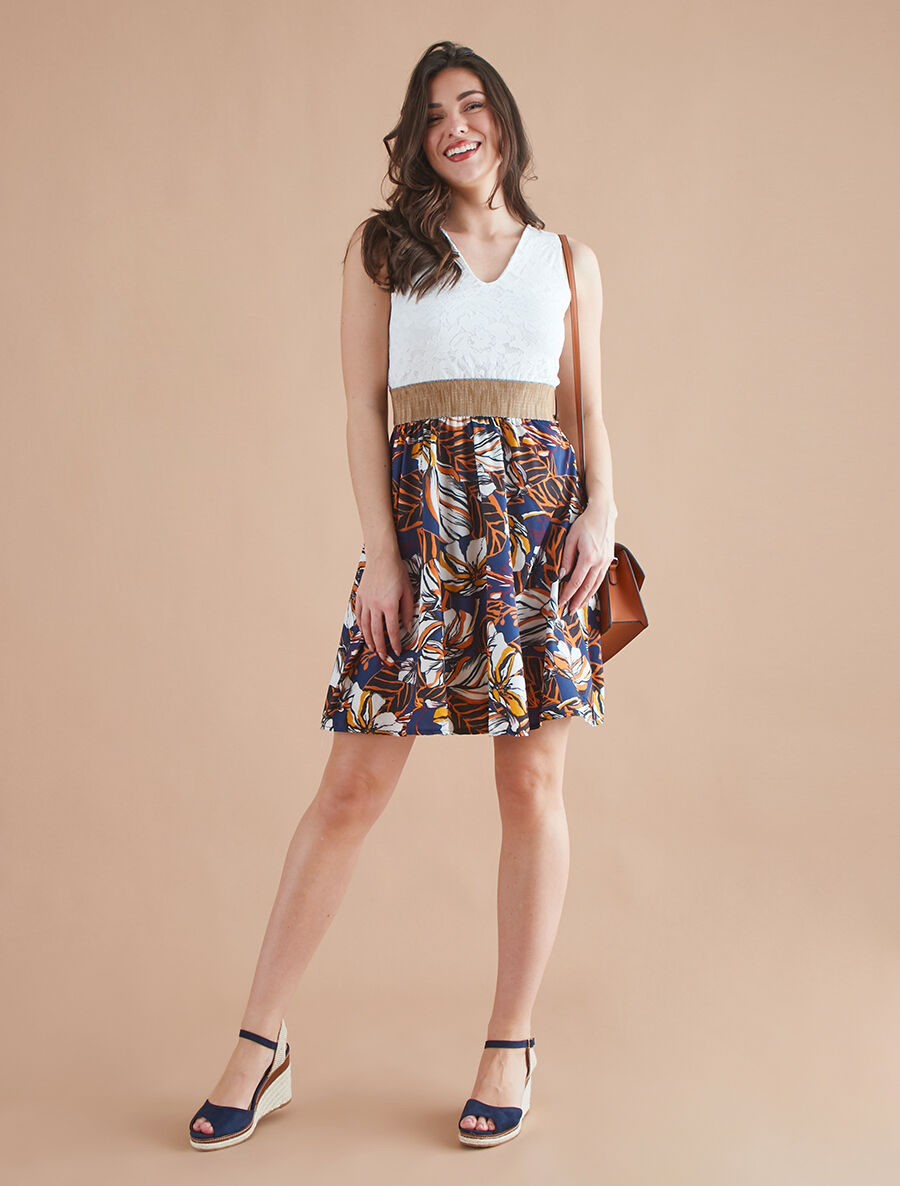 Robe imprimé fleuri à bustier en dentelle - Marine - 4