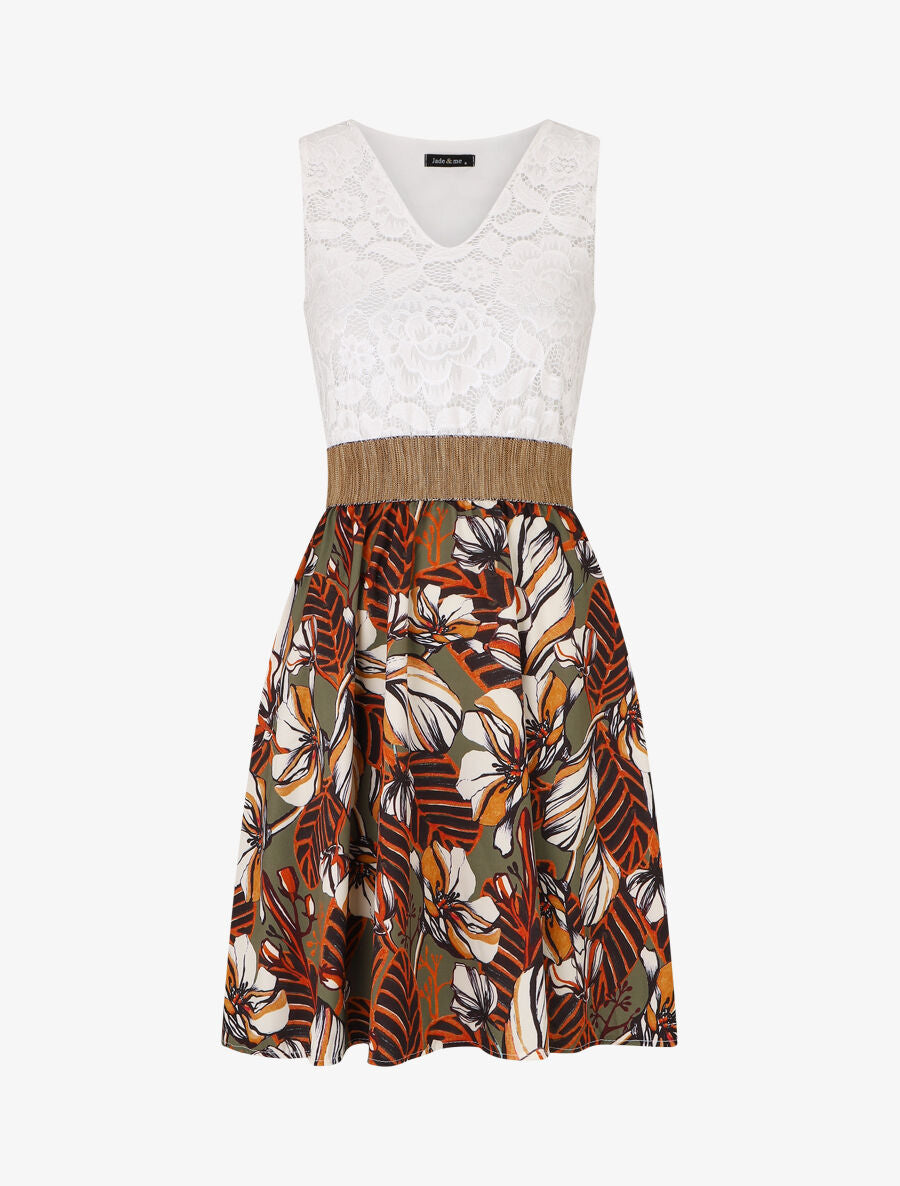 Robe imprimé fleuri à bustier en dentelle - Kaki - 4