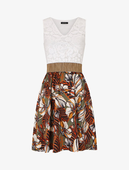 Robe imprimé fleuri à bustier en dentelle - Kaki - 4