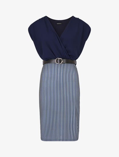 Robe fourreau manches courtes et rayures - Marine - 1