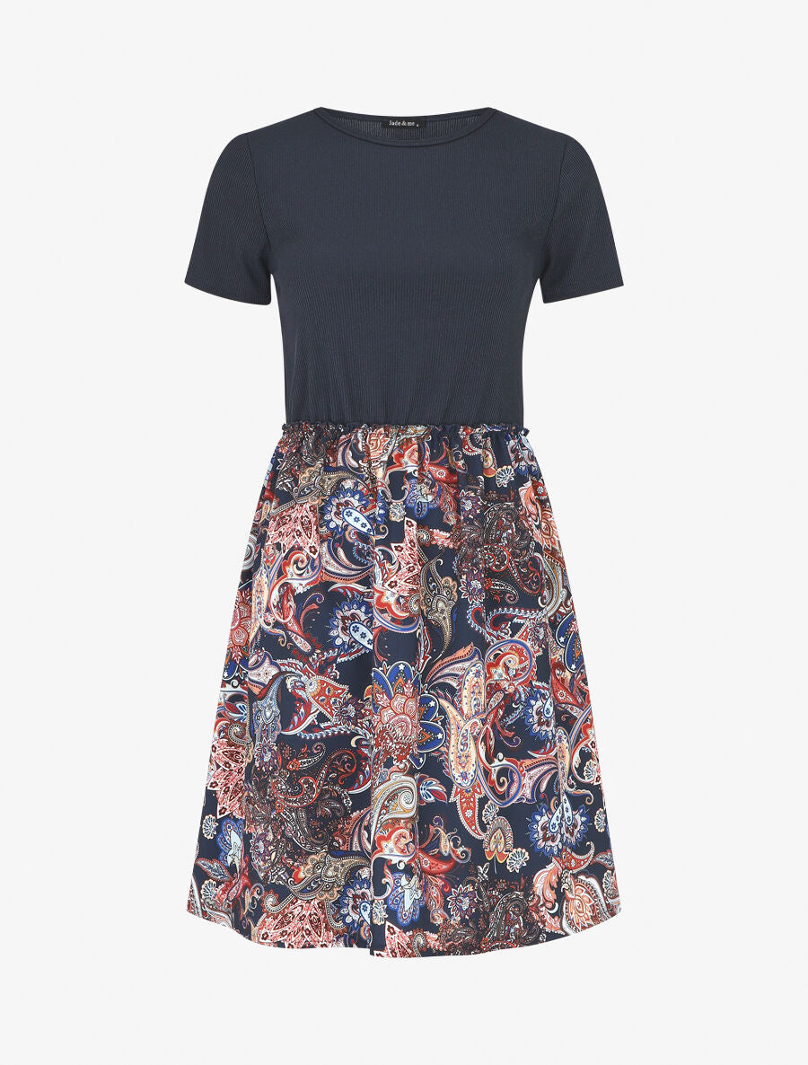 Robe évasée manches courtes imprimé cachemire - Marine - 1
