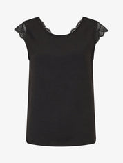 Top avec mancherons uni dos en dentelle - Noir - 1