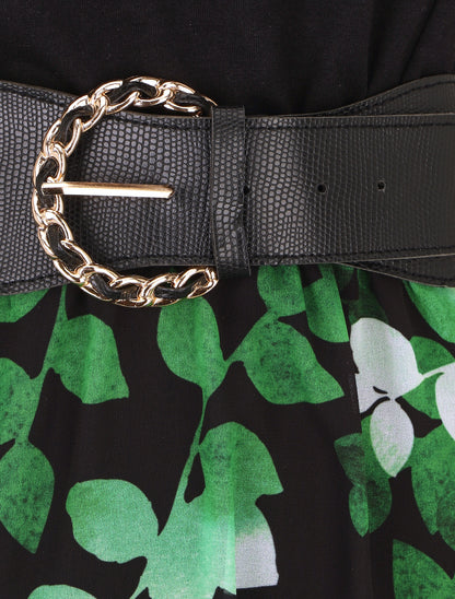 Robe mi-longue à bretelles imprimé végétal - Noir - 3