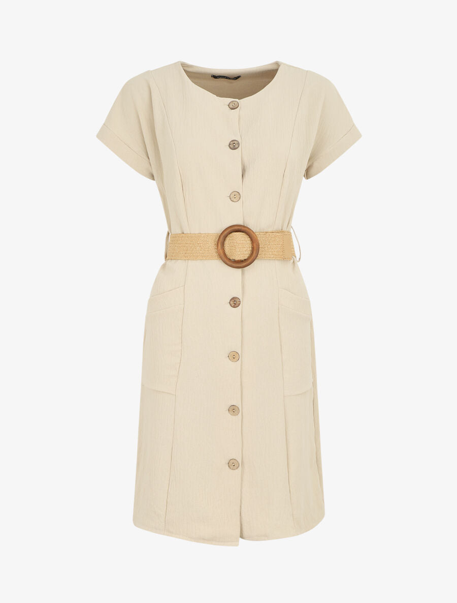 Robe courte unie boutonnée à manches courtes - Beige - 1