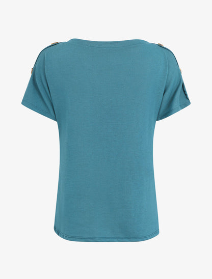 Top en maille droit à manches courtes boutonnées - Bleu canard - 2
