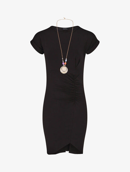 Robe froncée unie manches courtes - Noir - 1