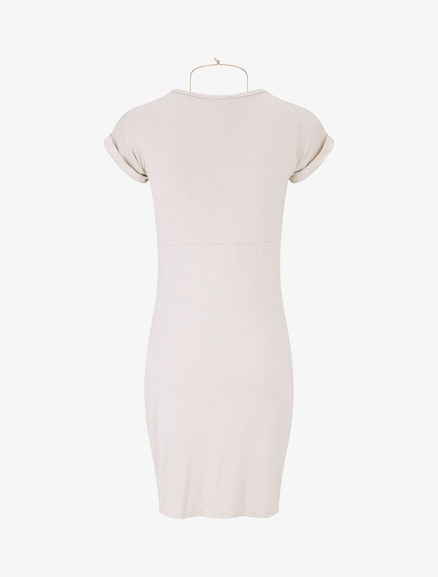 Robe froncée unie manches courtes - Beige - 2