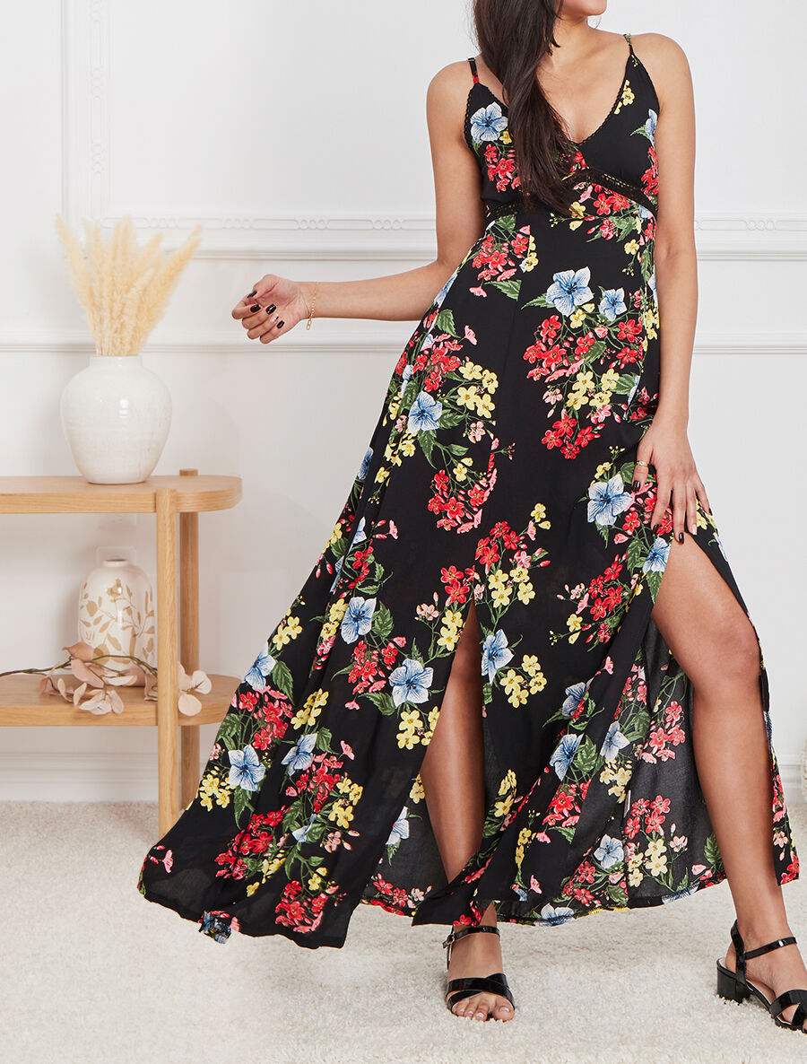 Robe longue empire fendue imprimé floral - Noir - 4