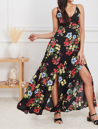 Robe longue empire fendue imprimé floral - Noir - 4