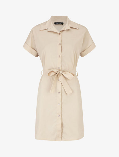 Robe chemise courte unie manches courtes - Beige - 1