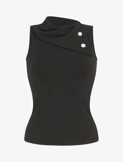 Top côtelé sans manches col asymétrique - Noir - 1